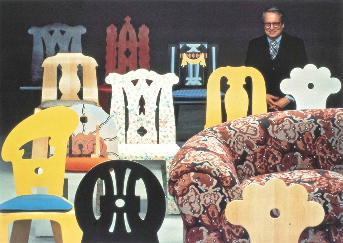 Queen Anne was part of a series of nine chairs created by Robert Venturi for Knoll between 1979 and 1984. The Queen Anne chair is pictured in the middle row, second from right. Image via Daniella On Design.