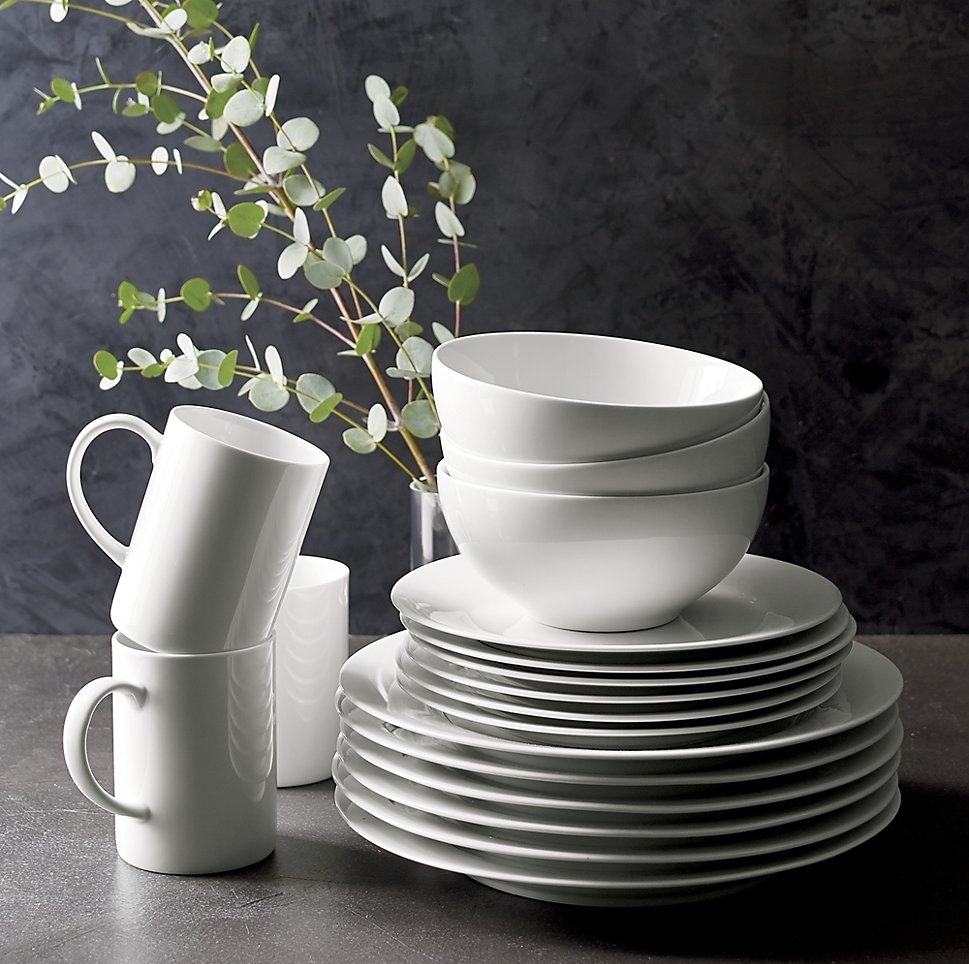 Grey is the backdrop to white dinnerware from Crate & Barrel
