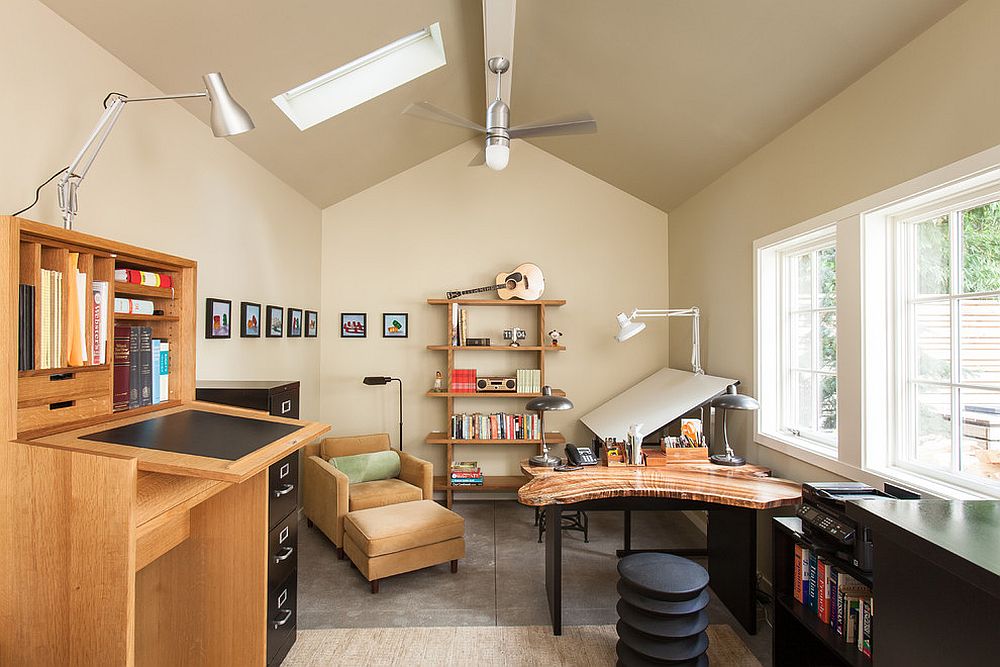 Natural edge tables also bring geometric contrast to the home office