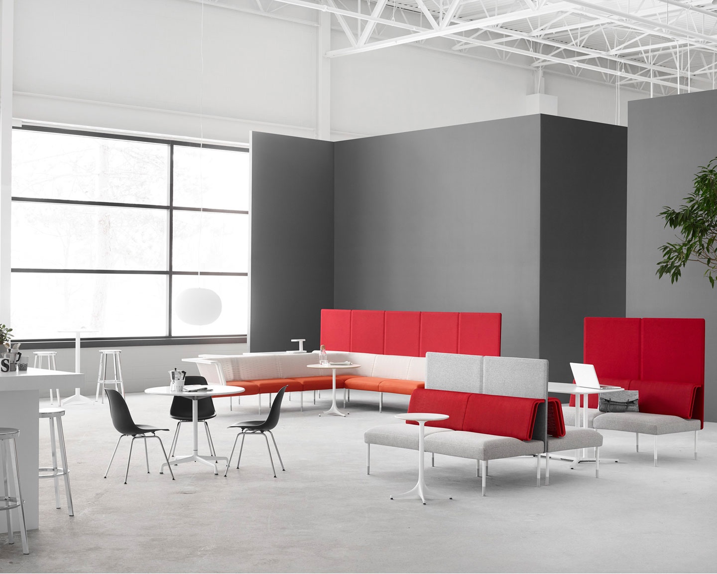 The Plaza concept by Herman Miller offers a smart break-out space. Furniture includes Herman Miller's Public Office Landscape and Nelson Pedestal Table. Image © 2016 Herman Miller, Inc.