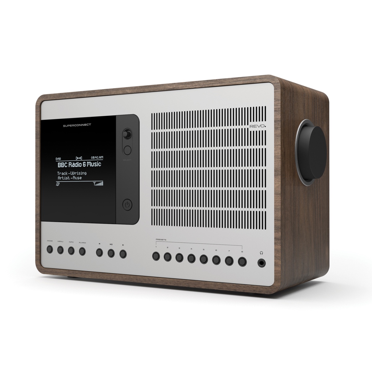 REVO SuperConnect in classic midcentury-esque American walnut and silver anodised aluminium.