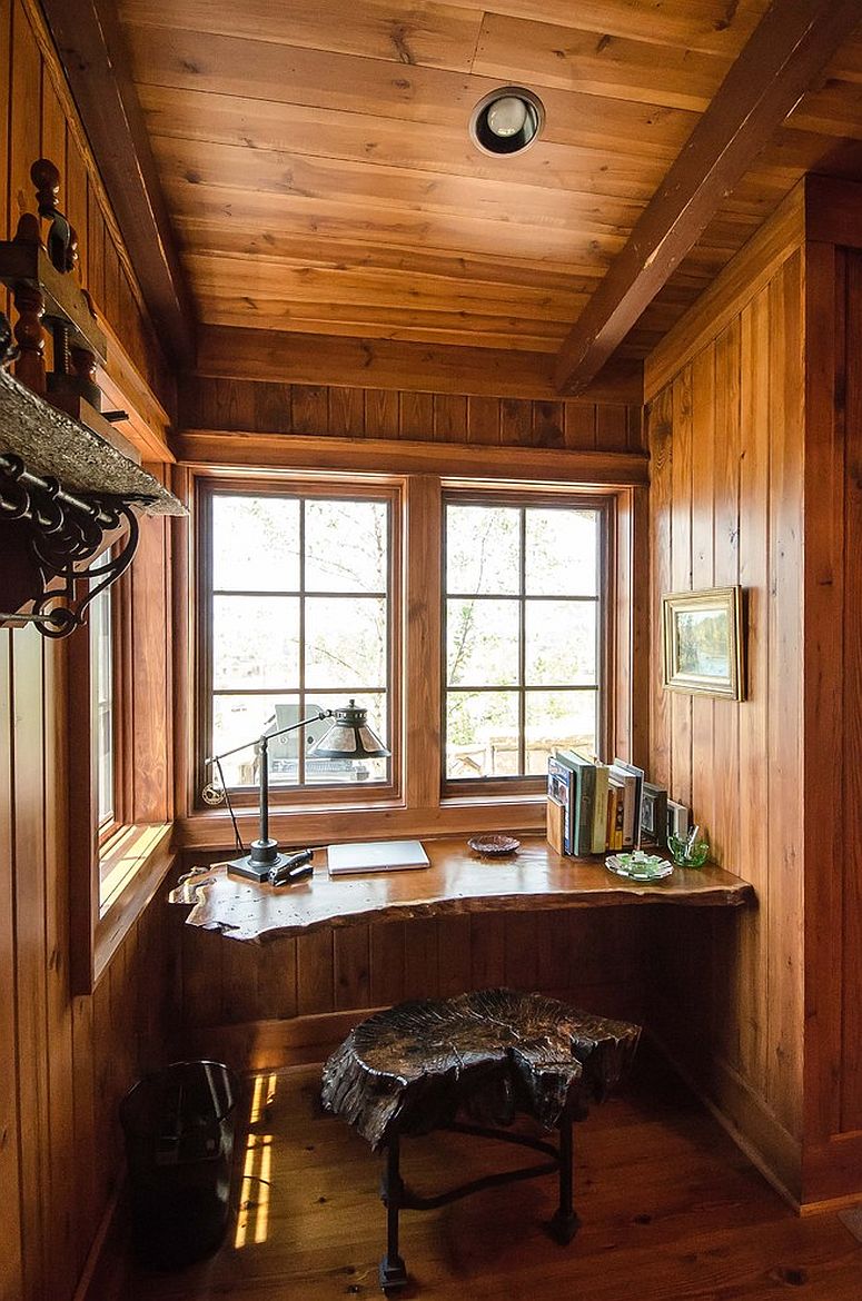 Small rustic home office with live edge work desk and chair