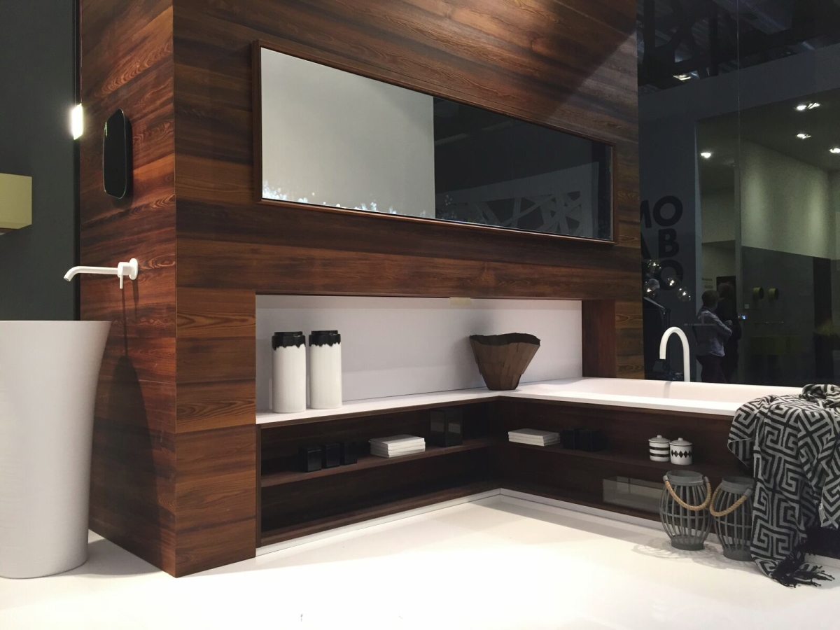 Wooden tones create warmth in a modern bathroom