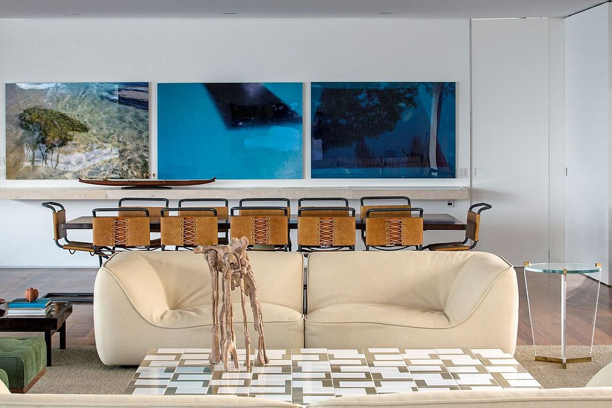Modern art work inspired by the ocean inside smart Brazilian beach house