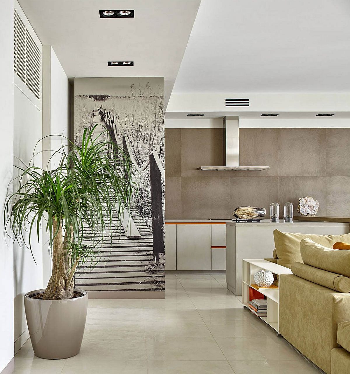 Black and white photos used as wall murals inside the apartment