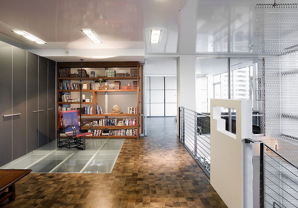 Mezzanine level library with glass floor