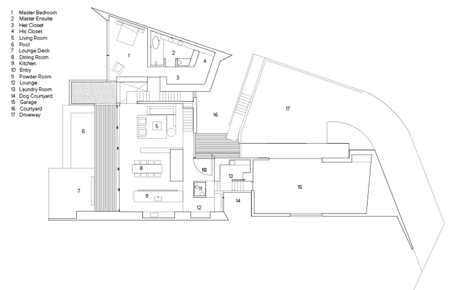 Top level floor plan of modern minimal Canadian home with ocean views