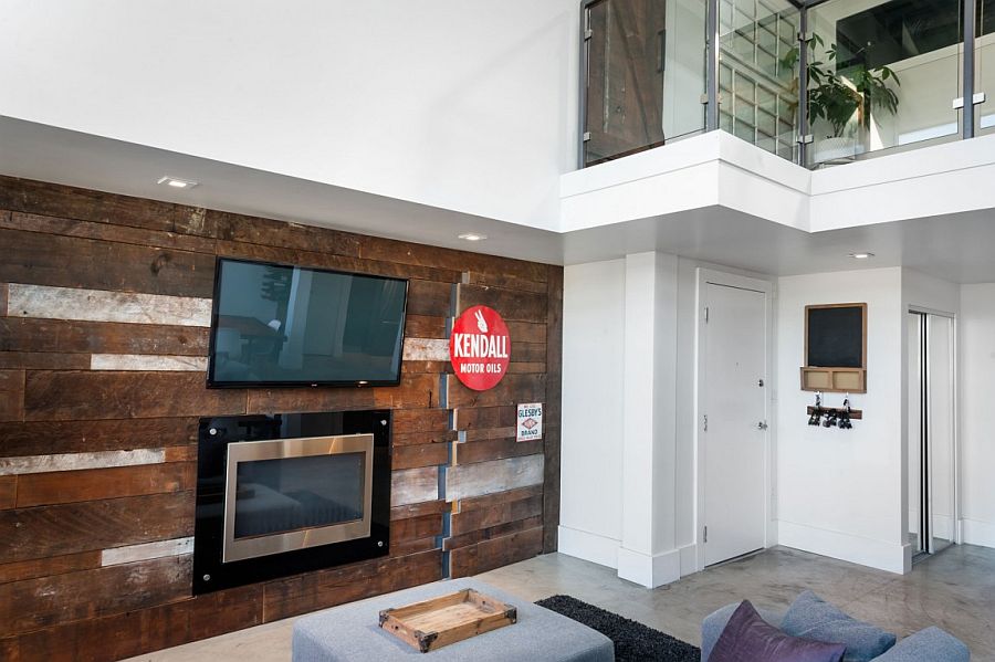 Closer look at the accent wall crafted using reclaimed barn wood