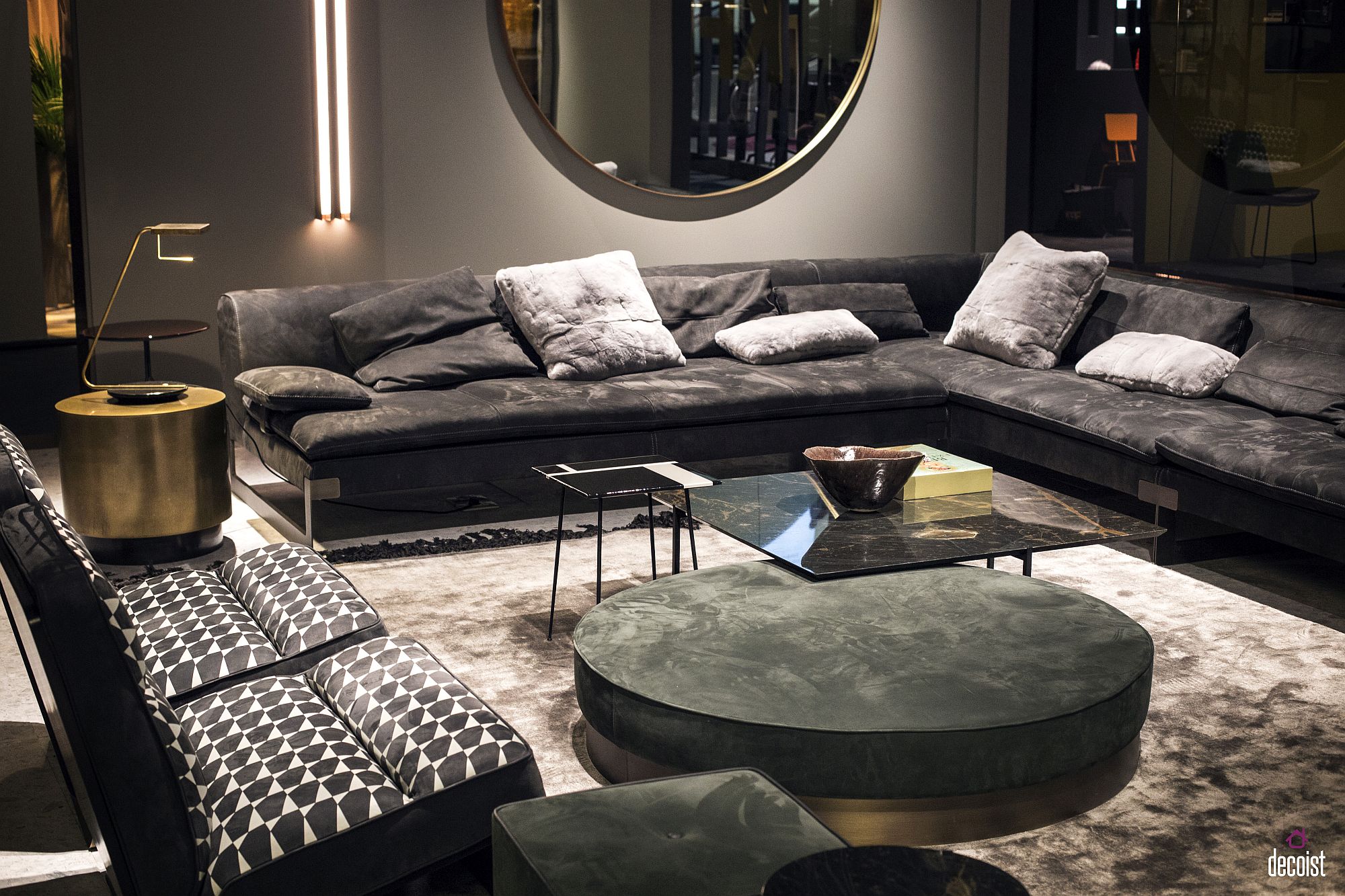 Metallic end table brings matte golden glitter to the neutral living room