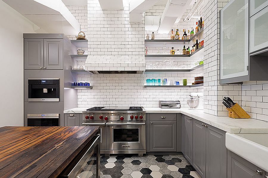 Striking hexagonal tiles add pattern to the kitchen without disturbing the color scheme