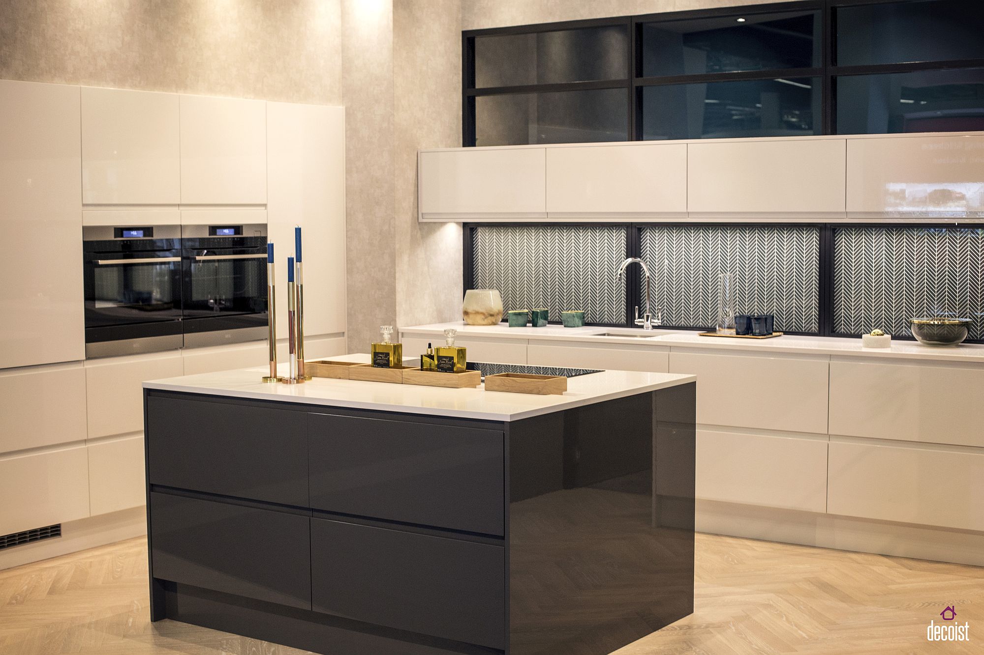 Subtle addition of chevron pattern to the modern kitchen
