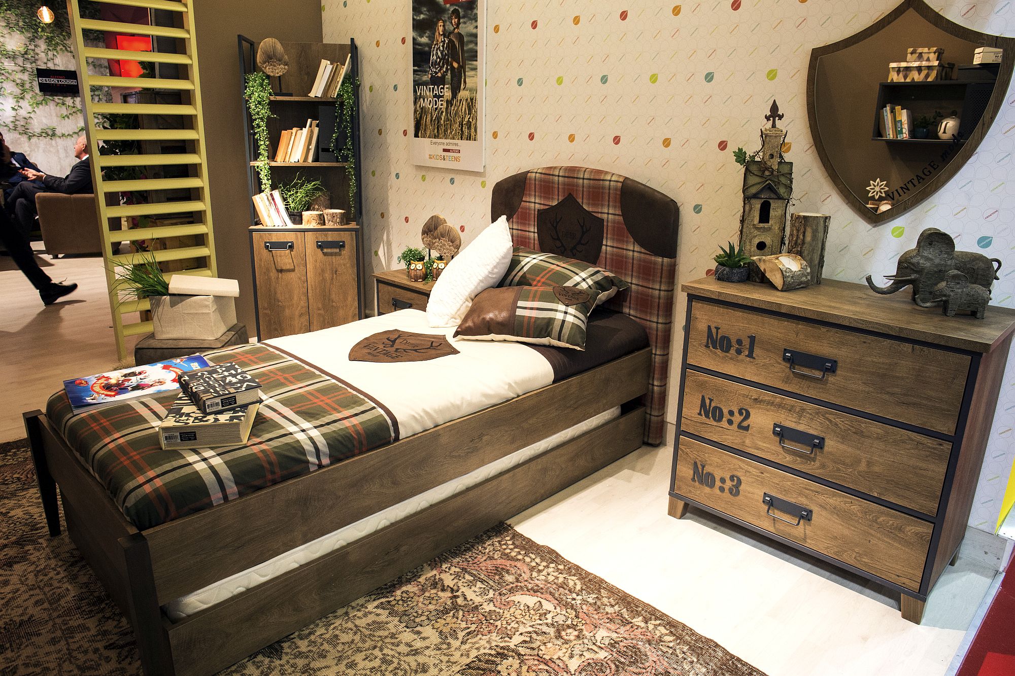Wood along with classic English patterns give the kids’ room a timeless look