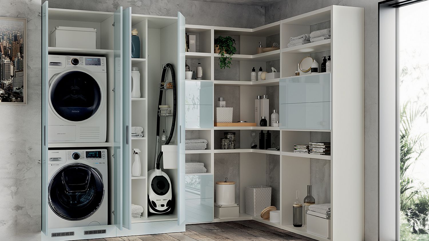 Corner wall shelves and cabinets coupled with laundry space