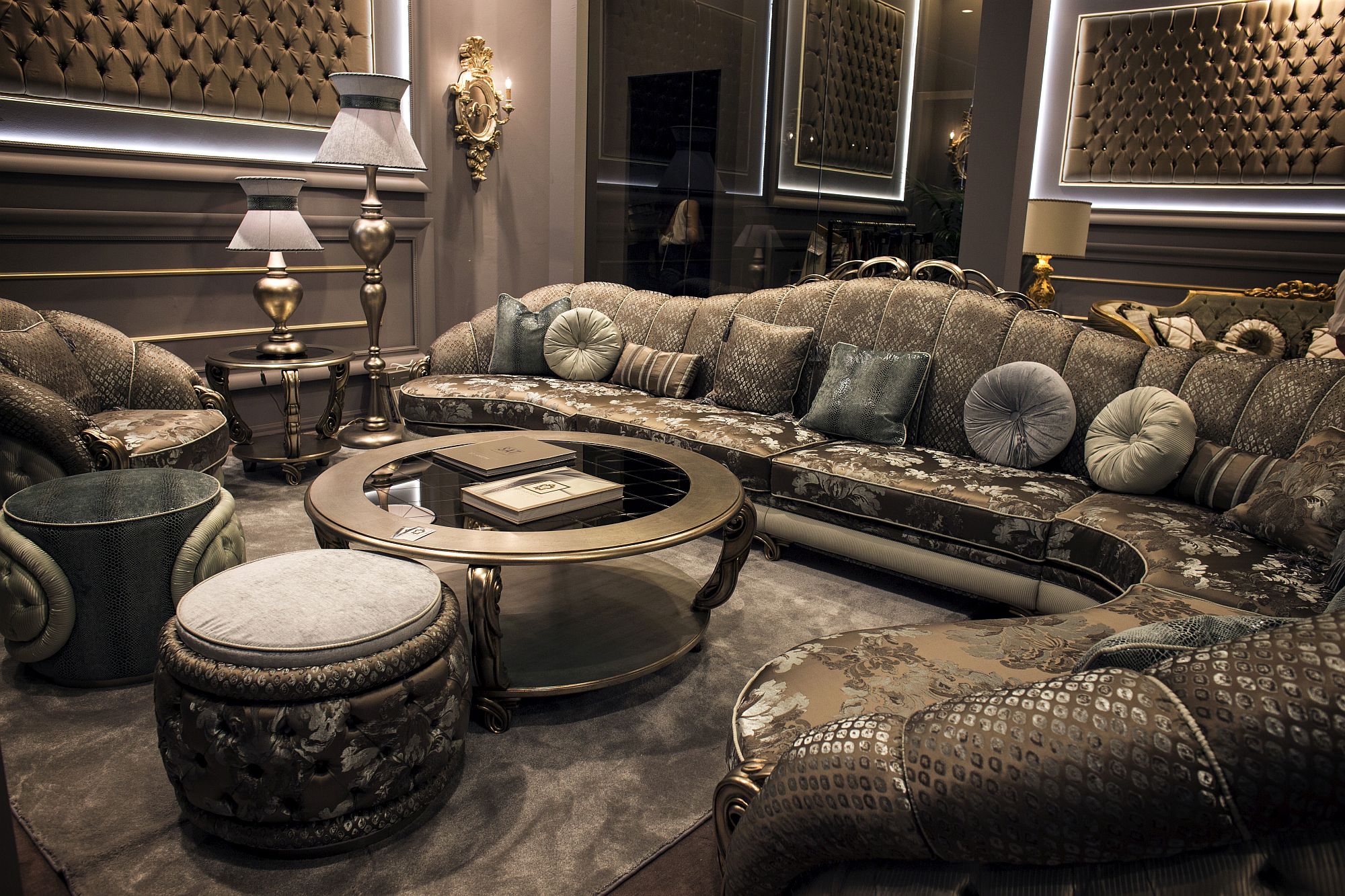Matching floor lamps and tables lamps give the living room a curated appeal