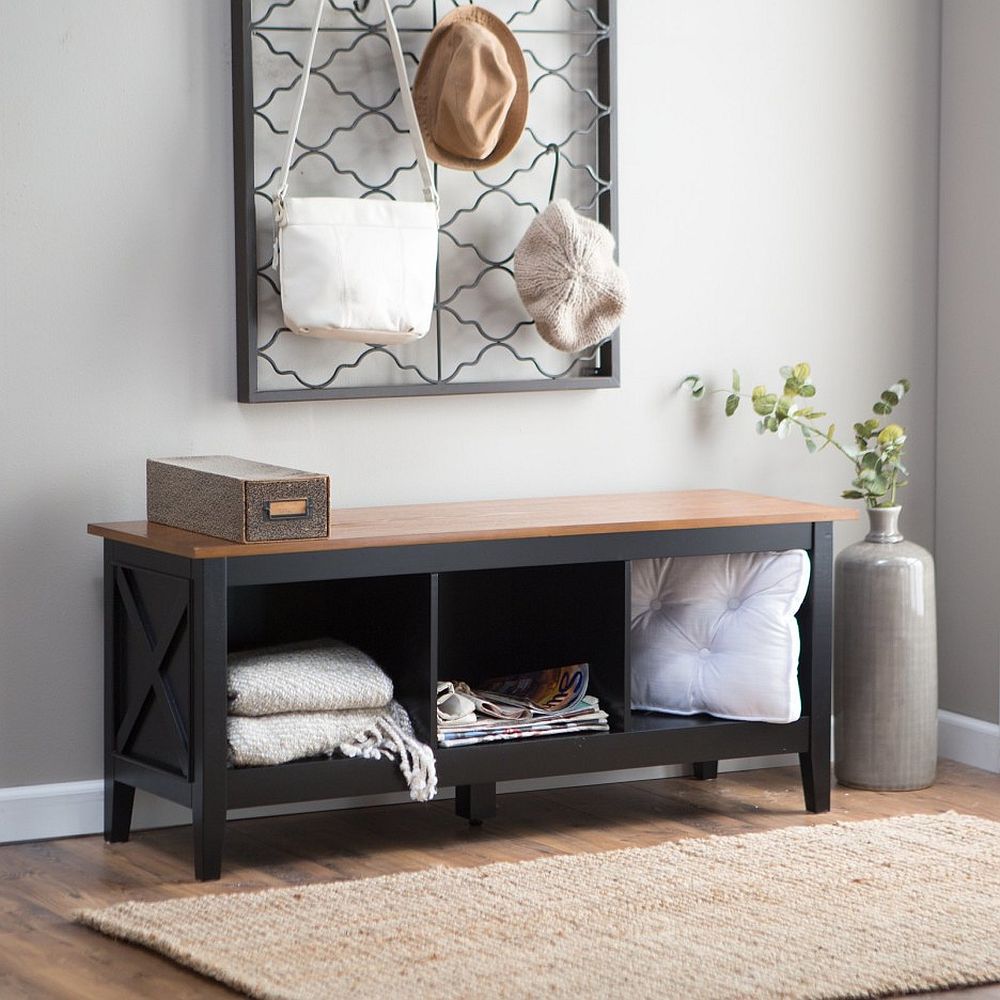 Small entry decorating idea in gray with a bench and ceramic vase in the corner