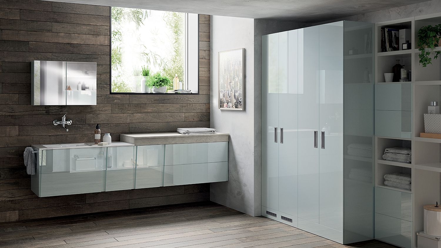 Wood brings warmth to the polished contemporary bathroom and laundry space