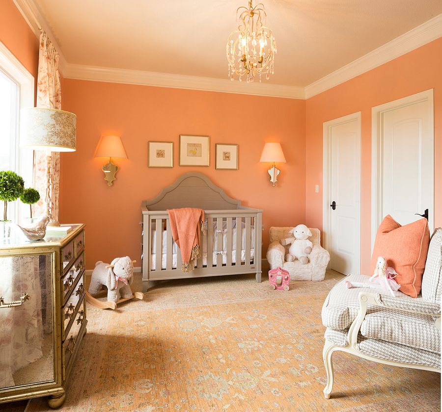 Exquisite nursery in Peach Blossom and white is perfect for the baby girl