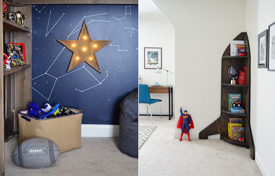 Modern space-themed kids’ bedroom with homemade decor and decals