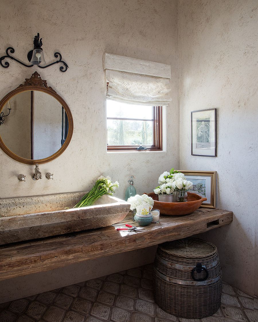 Combining raw natural textures and pattern inside the Mediterranean powder room