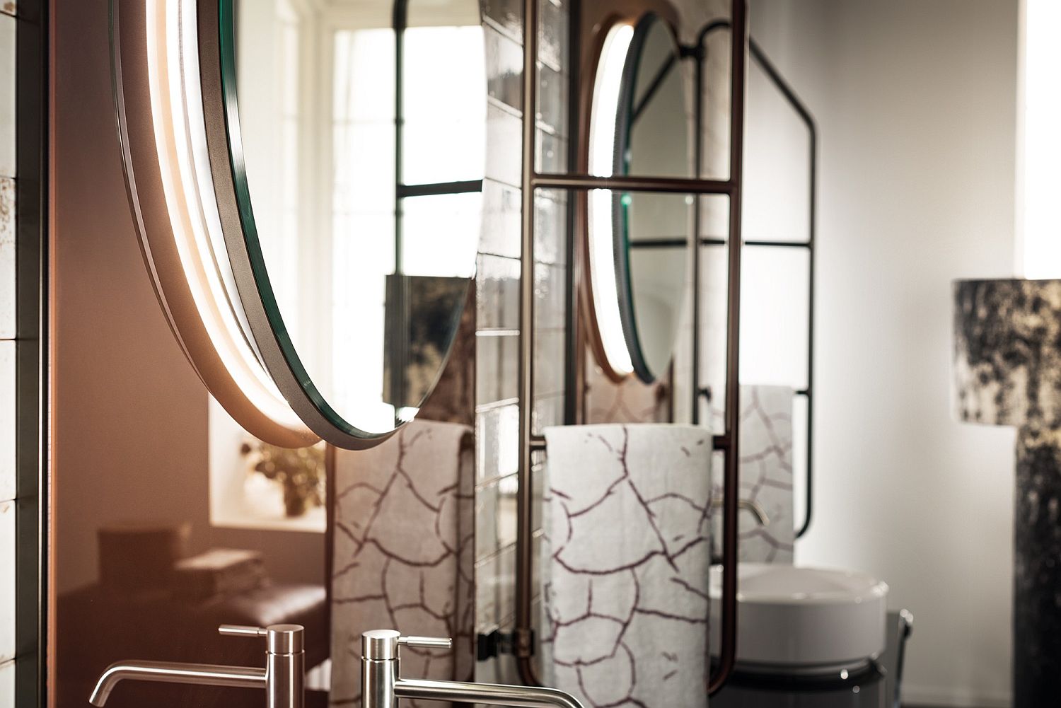 Closer look at the copper patina backsplash and lovely mirrors inside the bathroom