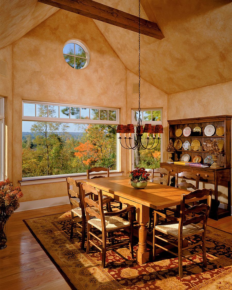 Dining room hutch and textured walls give the room a classic Mediterranean aura