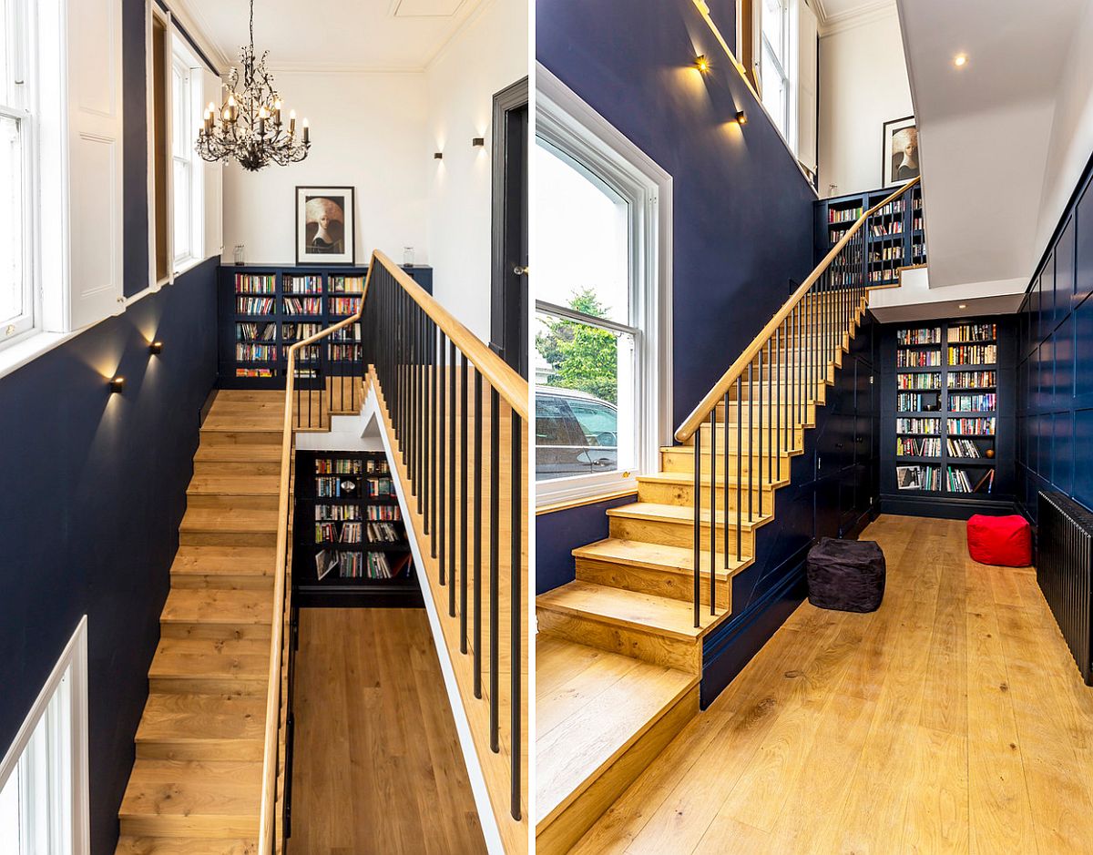 Staircase blends into style and color scheme of the home while providing additional storage space