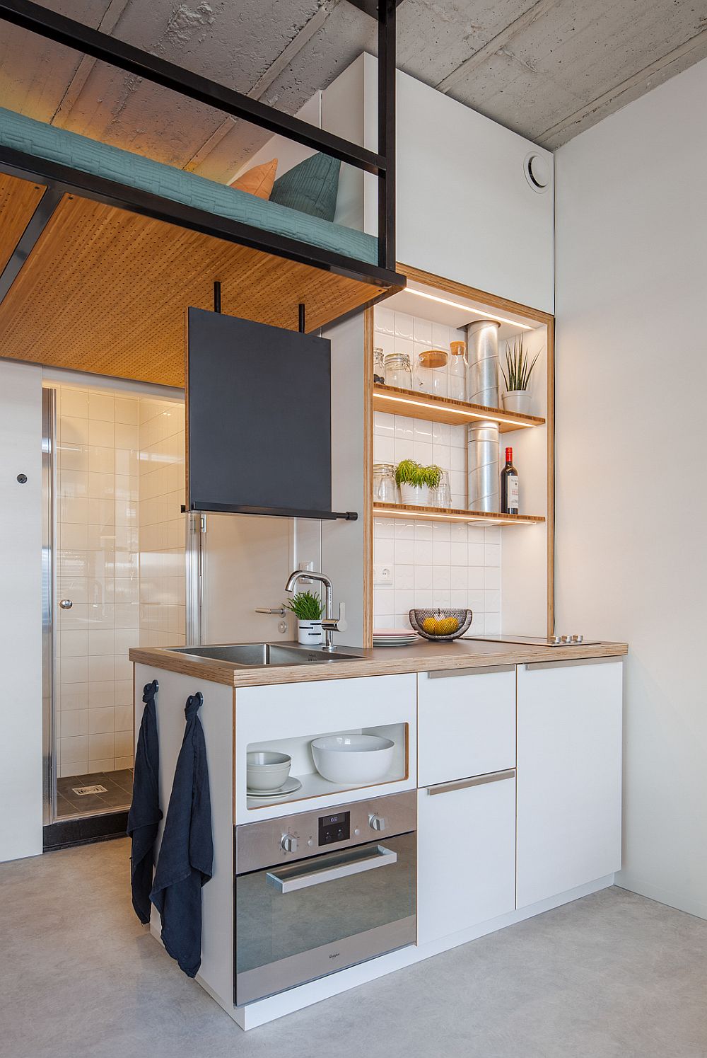 Ultra-tiny kitchen and bathroom next to one another