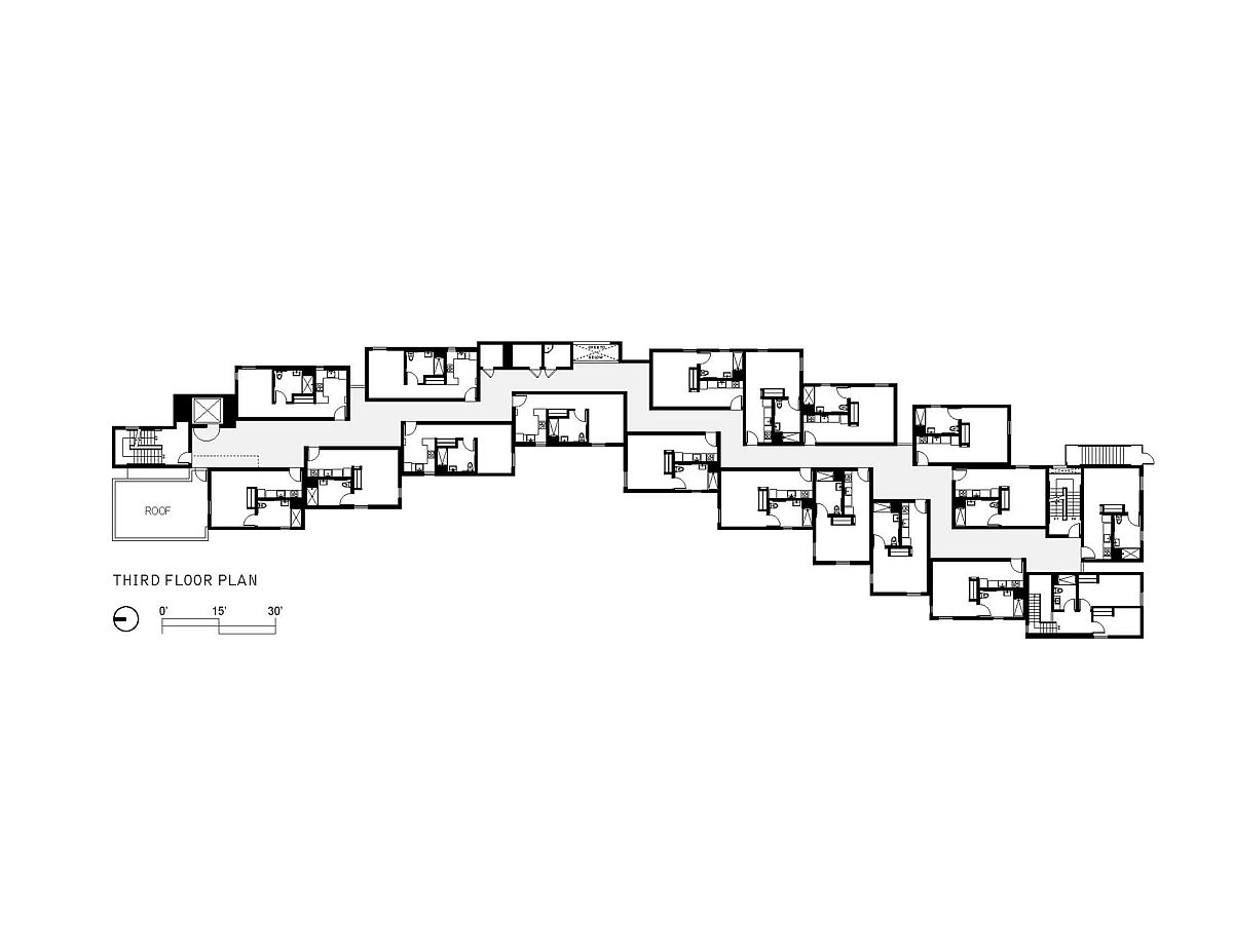 Third floor plan of the Crest Apartments with studio apartment units