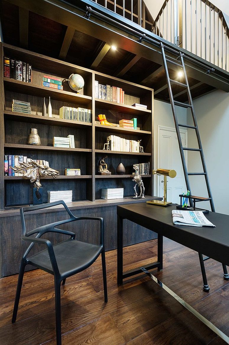 Bookshelf for the home office under the mezzanine level