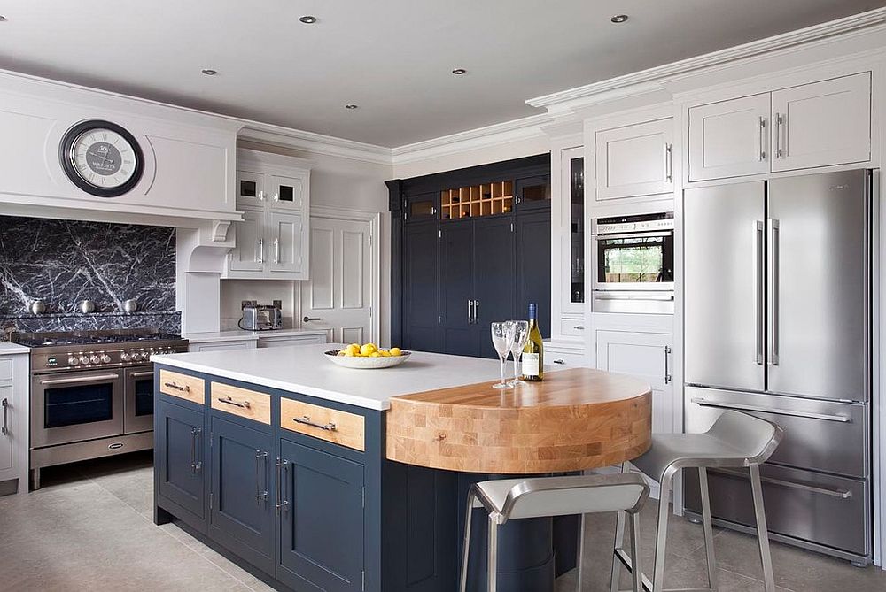 White and navy blue handpainted kitchen is both smart and classic