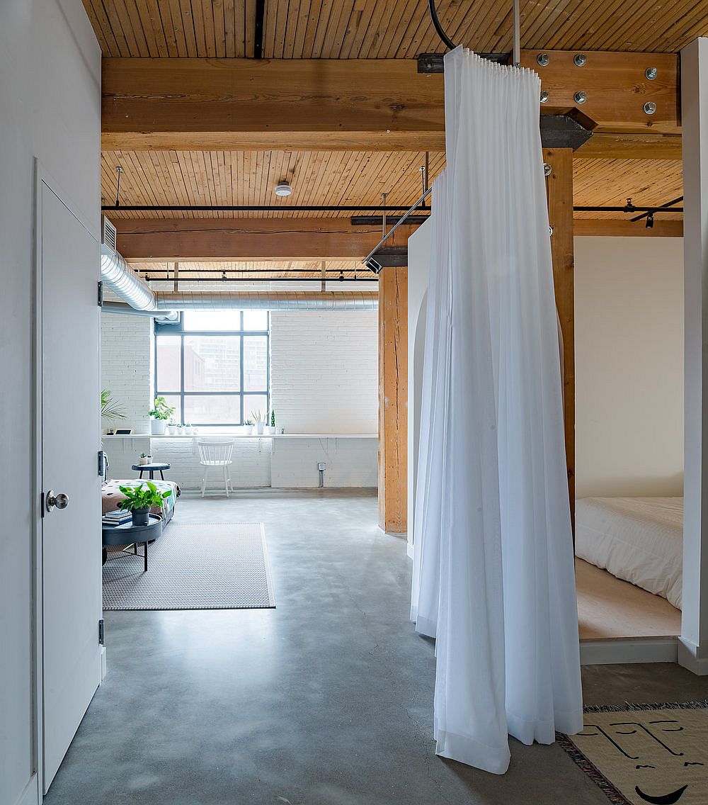 Curtain rod along with sheers conceal the bed box