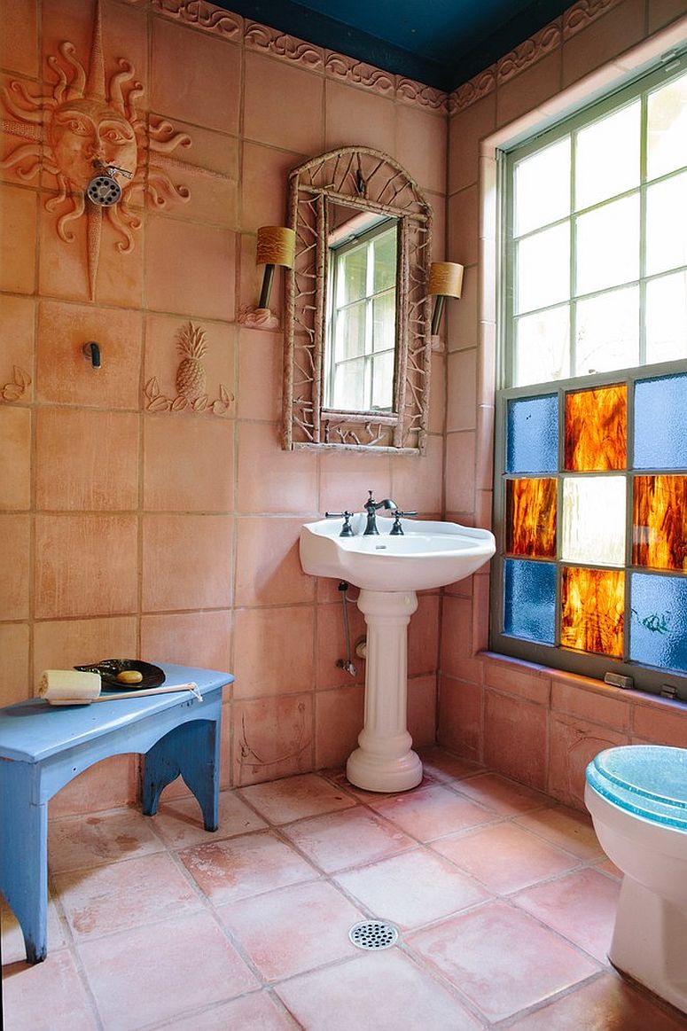 Rustic bathroom with Mediterranean appeal and gorgeous use of terracotta tiles