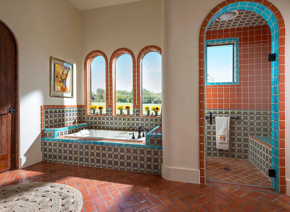 Terracotta tiles bring warmt, color and classic appeal to the bathroom