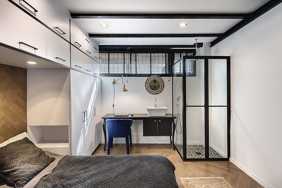 Desk with next to the bathroom can be used as a workspace as well