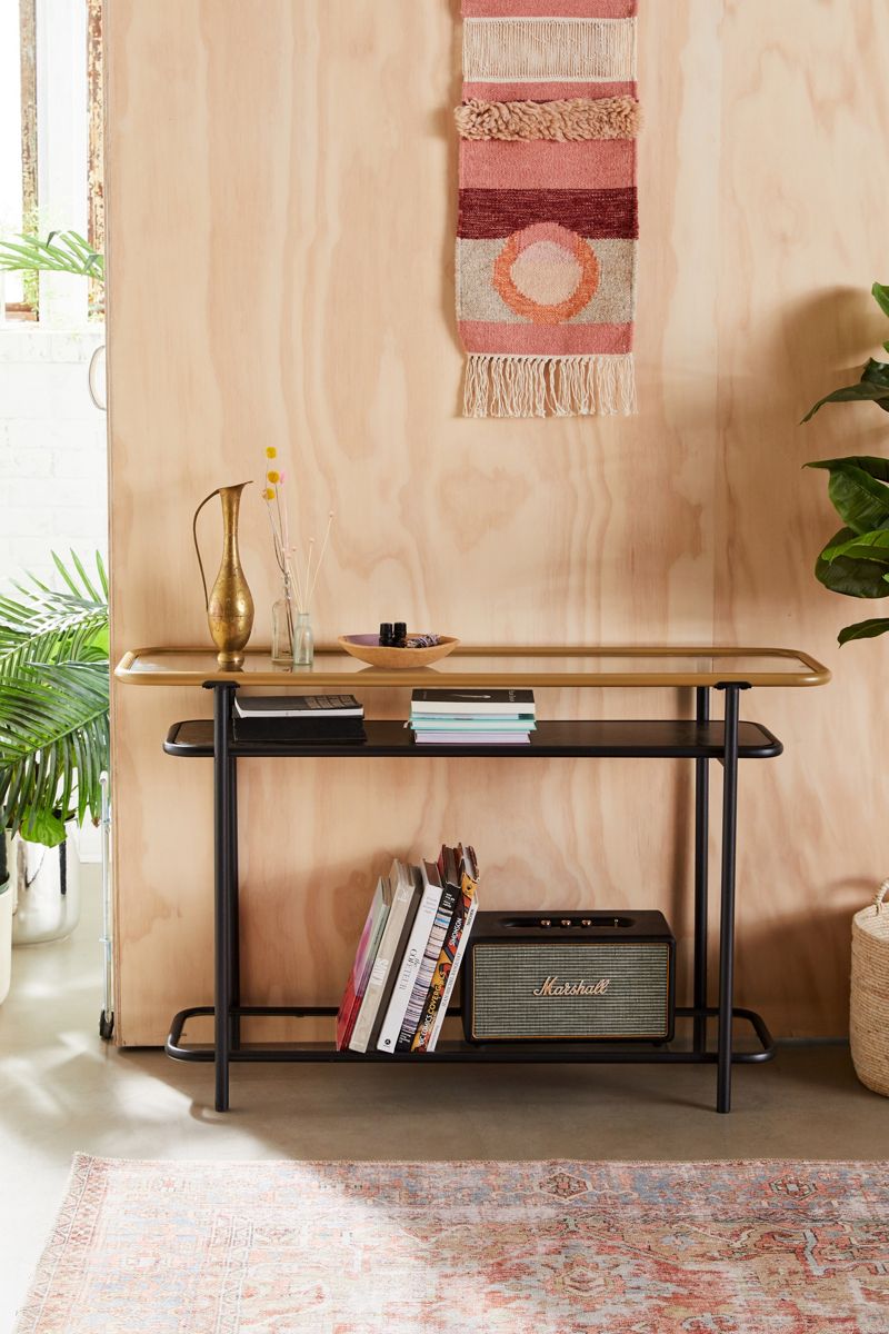 Three-tiered metal and glass console table
