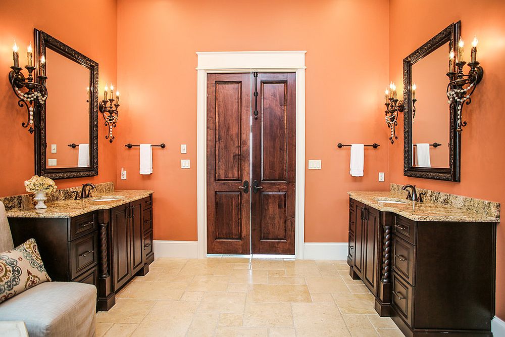 Awesome orange and black bathroom with traditional-contemporary style