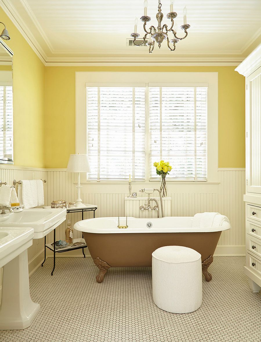 Beautiful and cozy bathroom in yellow and white with transitional style