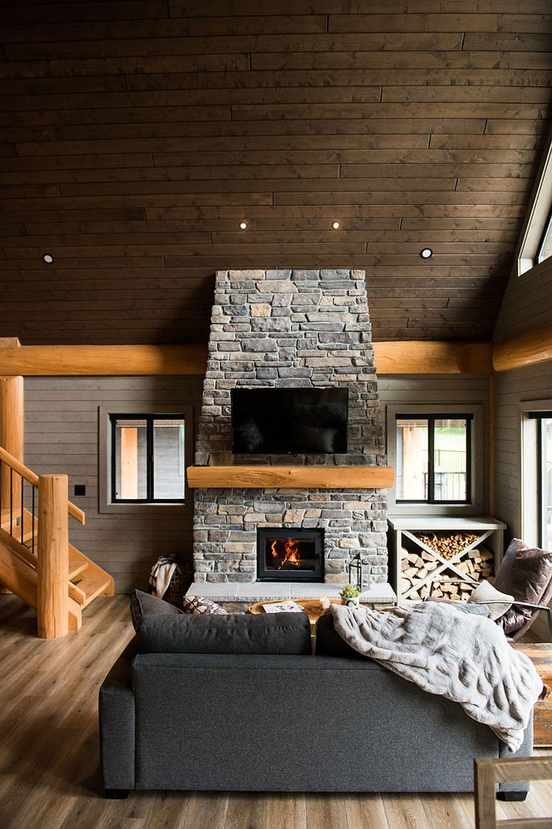 Beuatiful use of stone and wood in the spacious rustic living room