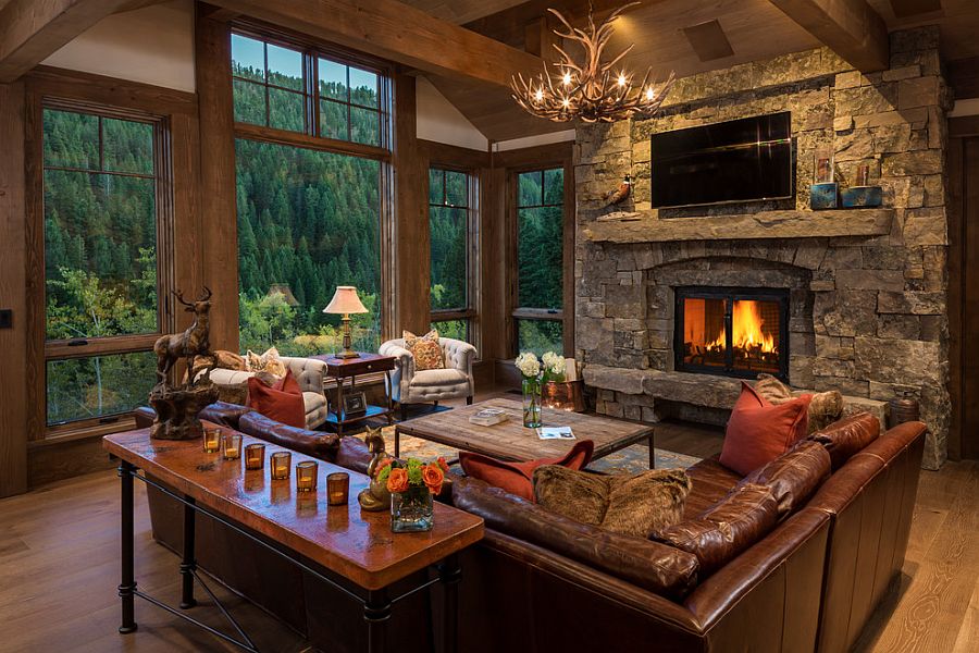 Classic rustic living room with comfy decor and lovely lighting