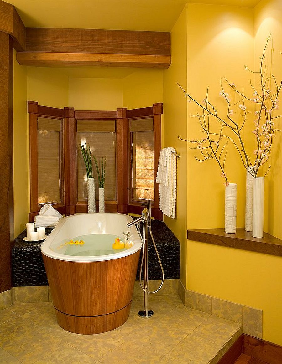 Fabulous yellow bathroom embraces Asian style