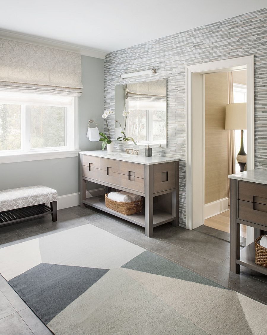 Gray and white combined with lighter shades of wood for a gorgeous bathroom