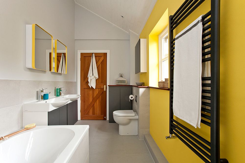 Gray and yellow bathroom is bound to stand the test of time