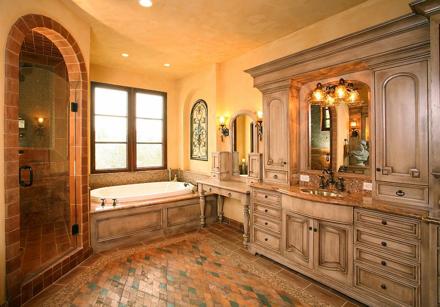 Large Mediterranean style bathroom with textured walls in orange