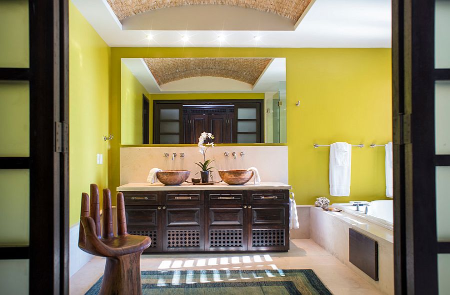 Stylish tropical style in white, wood and yellow with a hint of black added to the mix