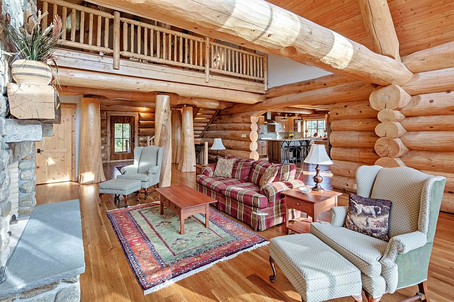 Wooden logs create a beautiful living room with ample natural light