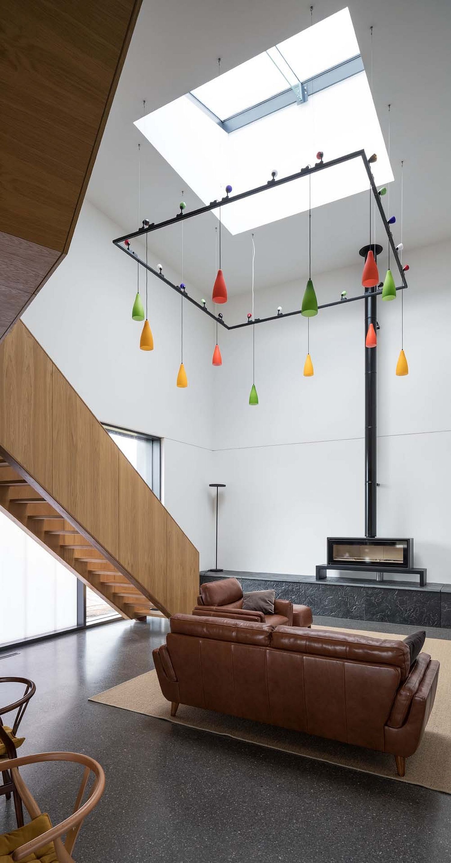 Skylights coupled with multi-colored pendants inside the house