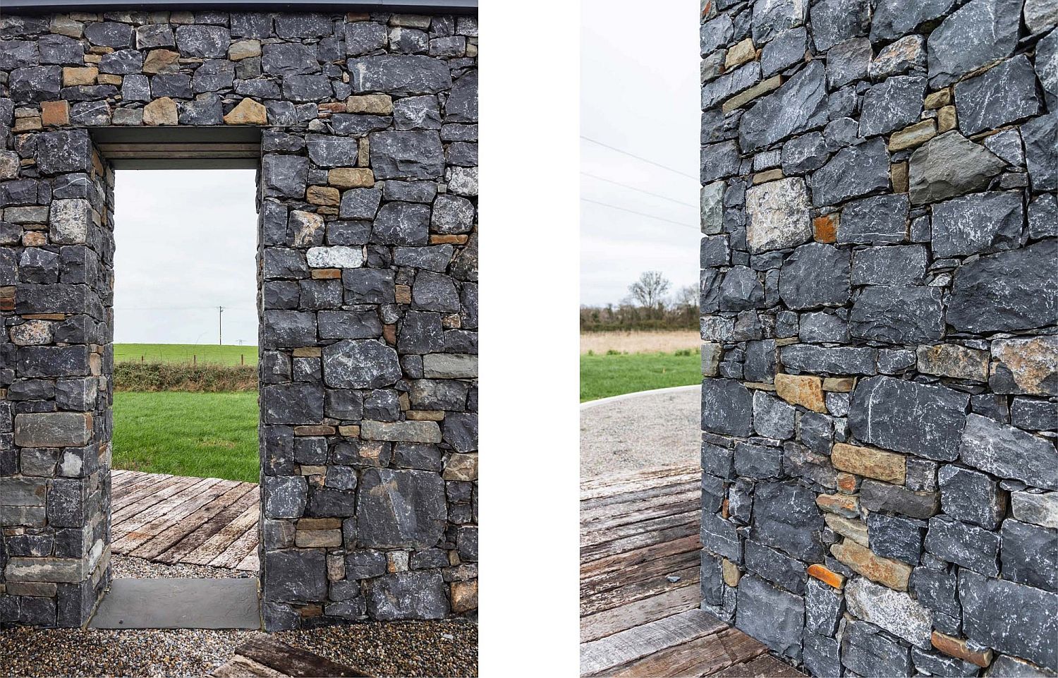 Yellow sandstone, anchored by large blocks of grey limestone shape the lower level
