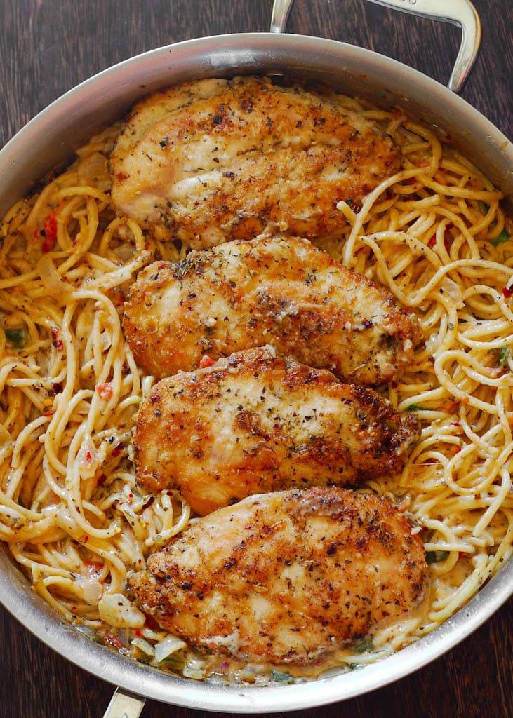 chicken parm on spaghetti noodles